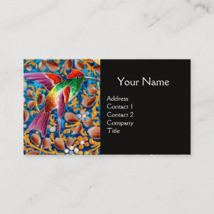 COLORFUL BIRDS AND FLORAL SWIRLS BLUE GEM MONOGRAM BUSINESS CARD