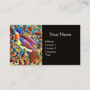 COLORFUL BIRDS AND FLORAL SWIRLS BLUE GEM MONOGRAM BUSINESS CARD