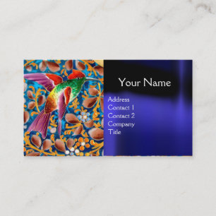 COLORFUL BIRDS AND FLORAL SWIRLS BLUE GEM MONOGRAM BUSINESS CARD