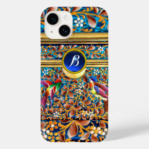 COLORFUL BIRDS AND FLORAL SWIRLS BLUE GEM MONOGRAM Case-Mate iPhone 14 CASE