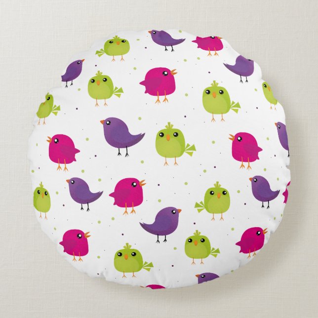 Colorful birds round pillow (Front)