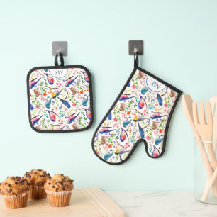 Colorful Birds & Whimsical Flowers Pattern Oven Mitt & Pot Holder Set