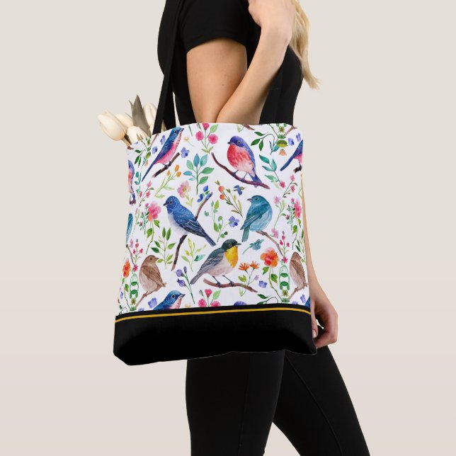 Colorful Birds & Whimsical Flowers Pattern Tote Bag (Close Up)