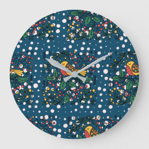 Colorful Birds With Blue Vintage Floral Pattern Large Clock