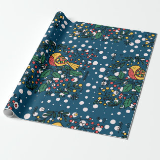 Colorful Birds With Blue Vintage Floral Pattern Wrapping Paper