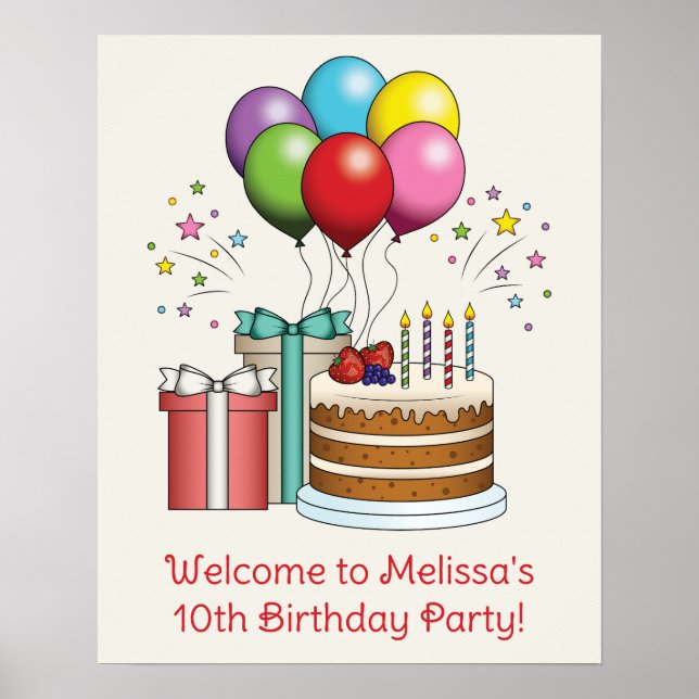 Colorful Birthday Balloons With Cake And Presents Poster (Front)