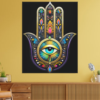 Colorful Black Gold Hamsa w/ Turquoise Third Eye Canvas Print