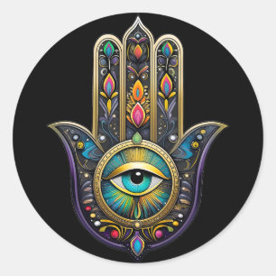 Colorful Black Gold Hamsa w/ Turquoise Third Eye Classic Round Sticker