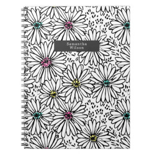 Colorful Black + White Daisies Pattern  Notebook