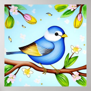 Colorful Blue Bird Perching on a Blossoming Branch Poster