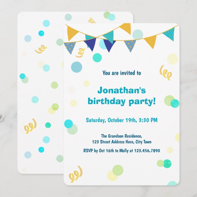 Colorful Blue Green & Yellow Confetti Boy Birthday Invitation (Front/Back)