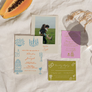 Colorful Blue Orang Hand Drawn Whimsical Wedding Invitation