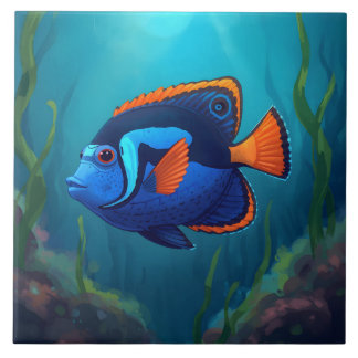 Colorful Blue Orange Tropical Fish and Coral Reef  Tile
