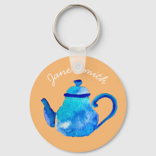 Colorful blue teapot watercolor keychain