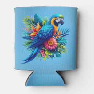 Colorful, blue tropical macaw  can cooler
