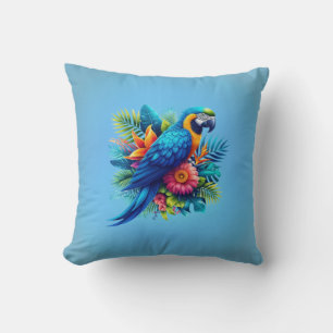 Colorful, blue tropical macaw  throw pillow