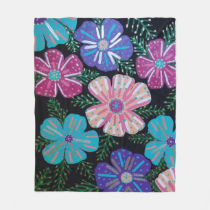 Colorful Bohemian Floral on Black Fleece Blanket