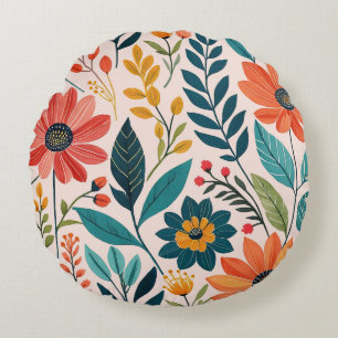 Colorful Boho Floral Round Pillow
