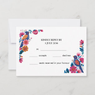 Colorful Boho Folk Birds and Flowers Wedding RSVP Card