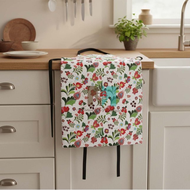 Colorful Boho Hungarian Folk Floral Desig Gift Apron (Boho-Floral-Cottage-Style-farmhouse-hungarian-matyo- folk-apron-gift-idea)