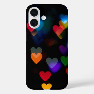 Colorful Bokeh Heart Lights On Black iPhone 16 Case
