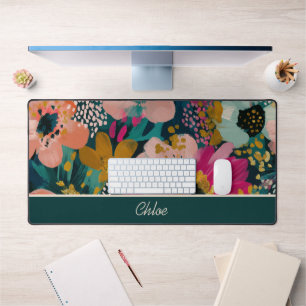 Colorful Bold Floral Watercolor Name Desk Mat