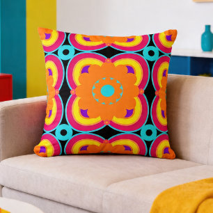Colorful Bold Retro Neon Floral Throw Pillow