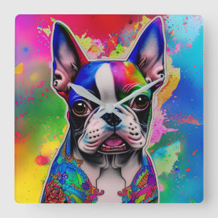 Colorful Boston Terrier Paint Splashes Square Wall Clock