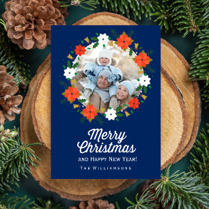 Colorful Botanical Christmas Wreath Holiday Photo Card