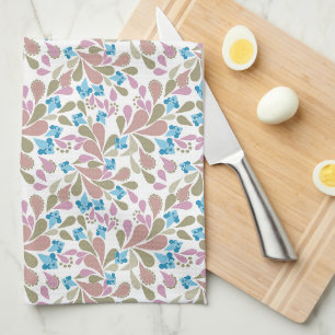 Colorful bouquets of retro flowers on white kitchen towel