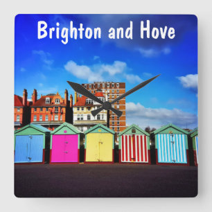 Colorful Brighton and Hove Summer Beach Huts Square Wall Clock