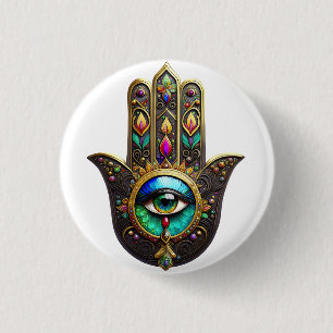 Colorful Brown Gold Hamsa Rainbow Color Third Eye 1 Inch Round Button
