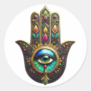 Colorful Brown Gold Hamsa Rainbow Color Third Eye Classic Round Sticker