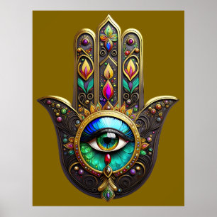 Colorful Brown Gold Hamsa Rainbow Color Third Eye Poster