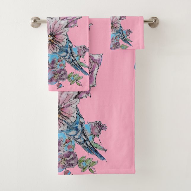 Colorful Budgie Budgerigar Rose Pink Art Towel Set (Insitu)