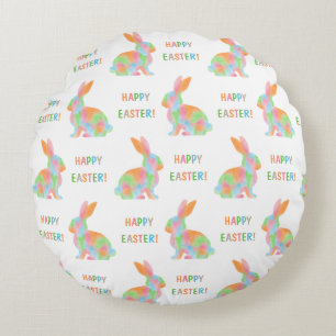 Colorful Bunnies Pattern With Happy Easter Text Round Pillow