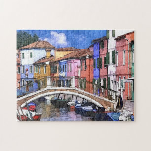 Colorful Burano Island In Venice Watercolor Art Jigsaw Puzzle