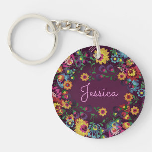 Colorful Busy Floral Pattern Purple Personalised Keychain