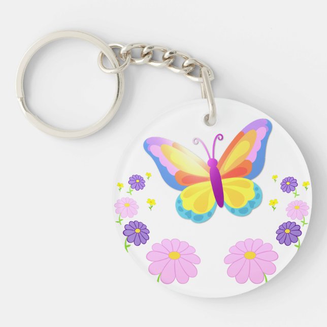 Colorful Butterfly and Flowers Round Keychain (Front)