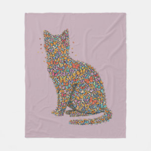 Colorful Butterfly Cat Lover Silhouette Art Mauve Fleece Blanket