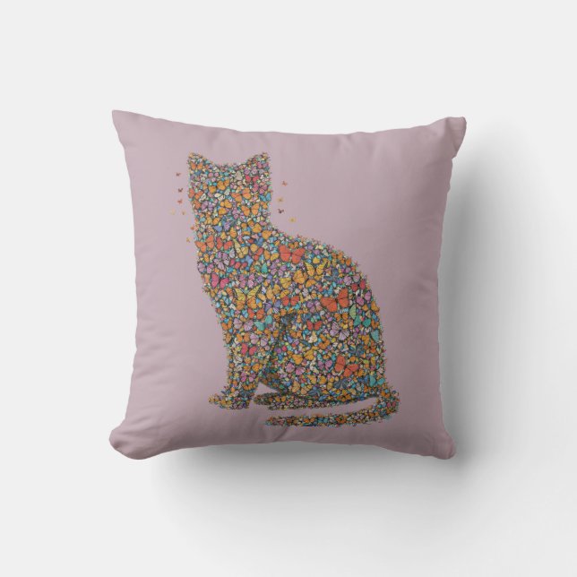Colorful Butterfly Cat Lover Silhouette Art Mauve Throw Pillow (Front)