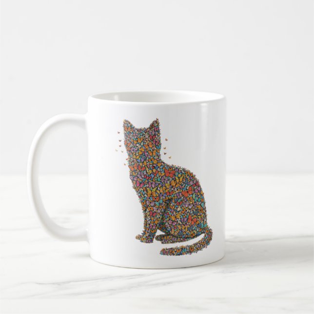 Colorful Butterfly Cat Lover Silhouette Art Whimsy Coffee Mug (Left)