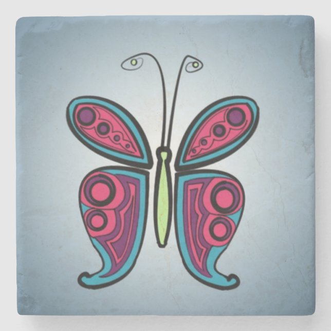 Colorful Butterfly Illustration Stone Coaster (Front)