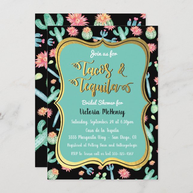 Colorful Cactus Tacos & Tequila Bridal Shower Invitation (Front/Back)