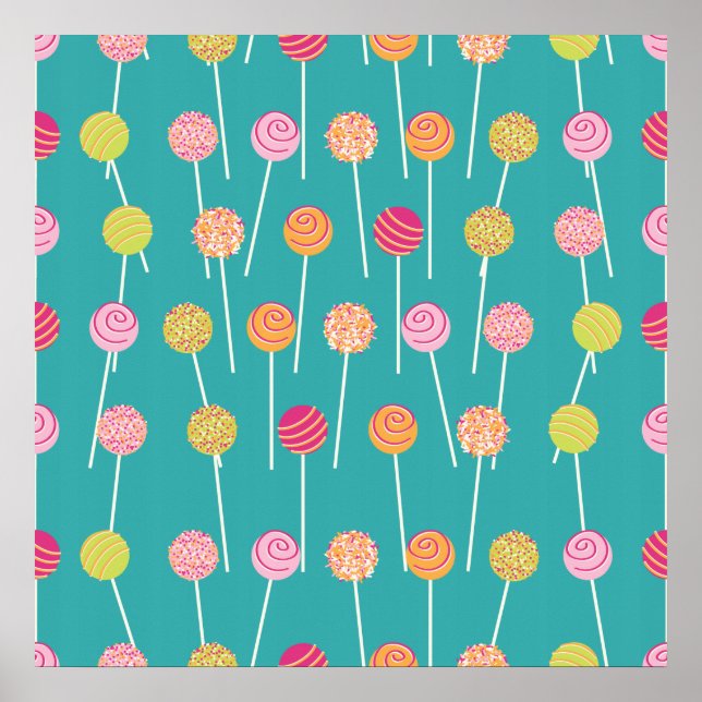 Colorful Cake Pops on Teal Pattern Poster (Front)