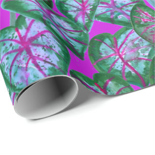 Colorful Caladiums Watercolor Leaves Pattern Pink Wrapping Paper
