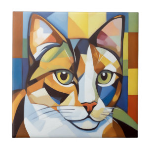 Colorful Calico Cubist Cat Tile