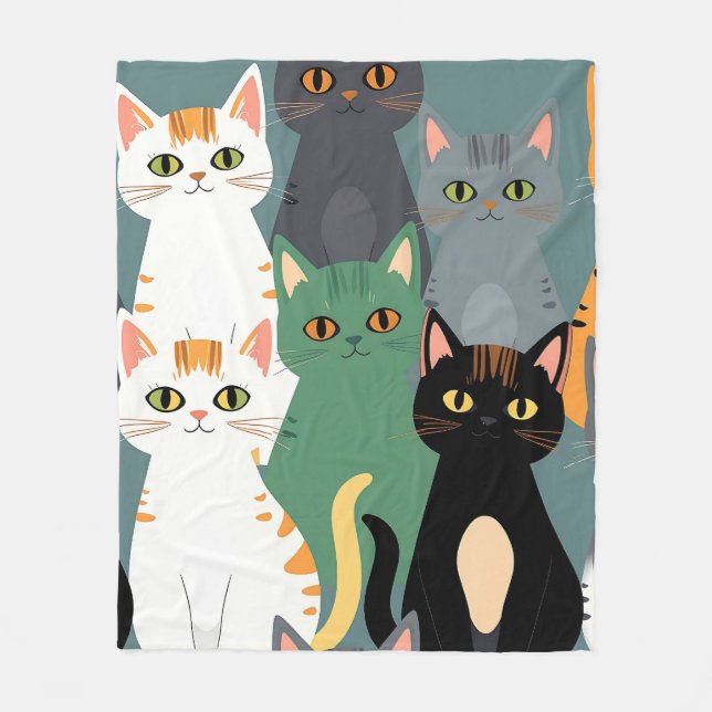 Colorful Cartoon Cat Crowd Pattern Fleece Blanket (Front)