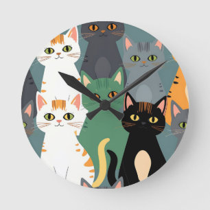 Colorful Cartoon Cat Crowd Pattern Round Clock