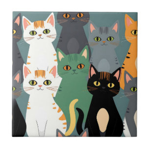 Colorful Cartoon Cat Crowd Pattern Tile